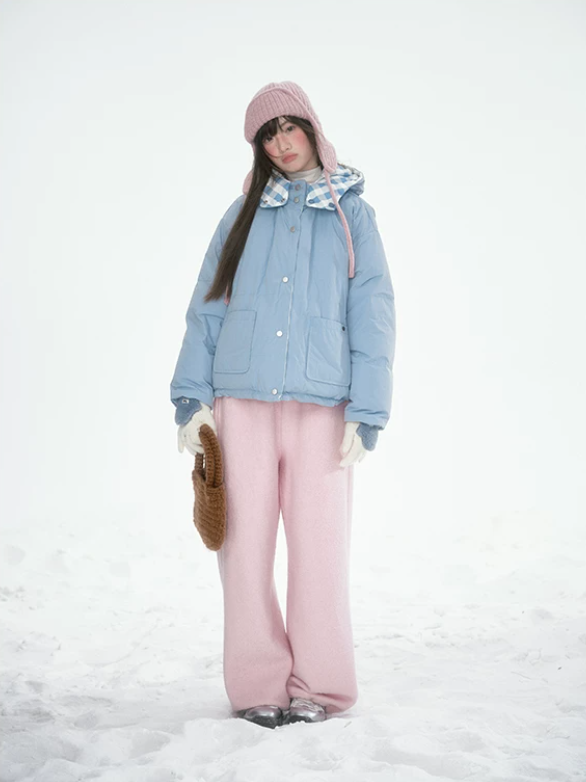 [CAN] Blue Plaid Reversible 90% White Duck Down Hooded Puffer Jacket