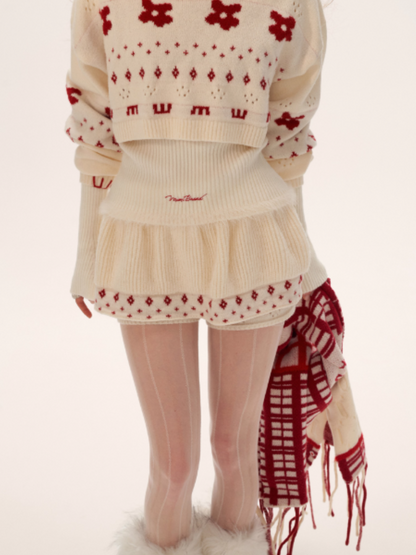 Star & Floral Knit Crop Sweater + Skort Set WE770 (Cream White)