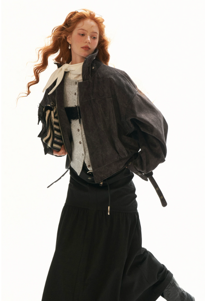 MAMC - Gray Faux-Horsehair Textured Cropped Jacket with Metal Snap Collar