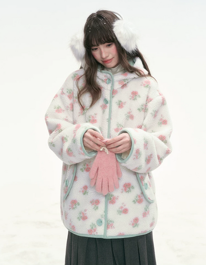 CANSTORE - Pink Floral Sherpa Hooded Jacket with Quilted Padding