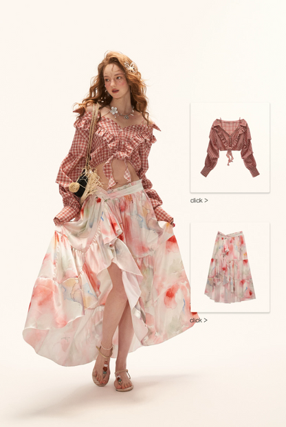 MAMC - "Watercolor Fruit Mood" Off-Shoulder Top & Ruffle Skirt Set WE945