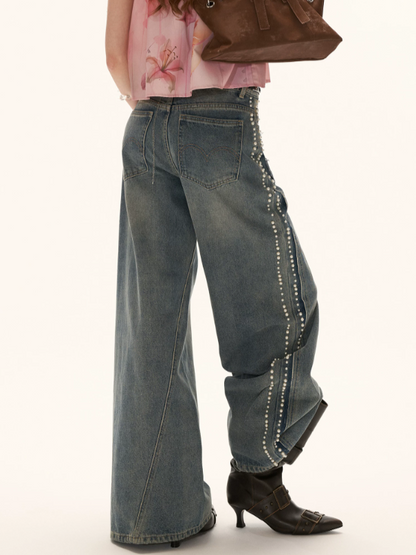 "Vintage Luxe Mood" Studded Distressed Straight-Leg Jeans WE1001