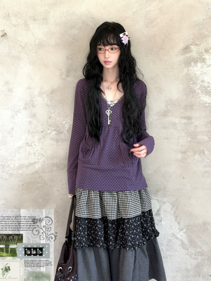 KYOUKO - Grape Purple Polka-Dot Top & Vintage Skirt Set