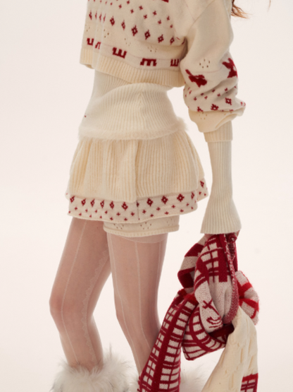 Star & Floral Knit Crop Sweater + Skort Set WE770 (Cream White)