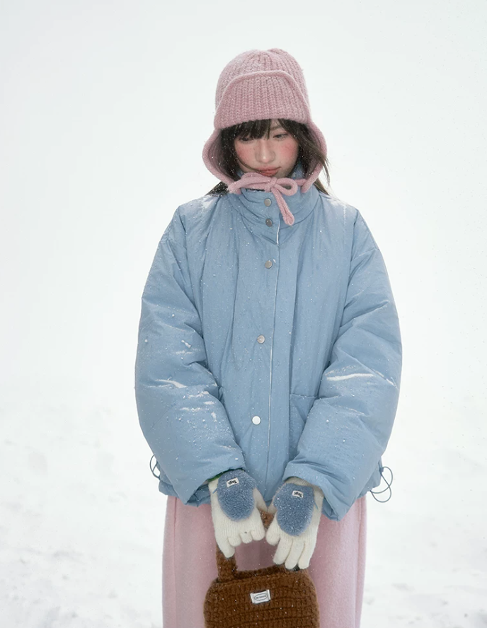[CAN] Blue Plaid Reversible 90% White Duck Down Hooded Puffer Jacket