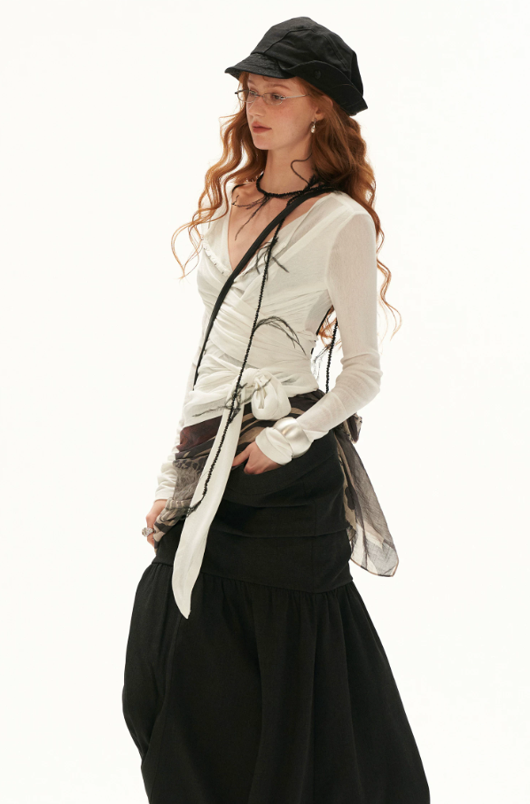MAMC - Cloud Knit Wrap Top with Crossover Ties and Metal Claw Detail (Blue / White)