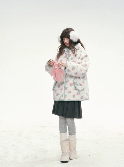 CANSTORE - Pink Floral Sherpa Hooded Jacket with Quilted Padding