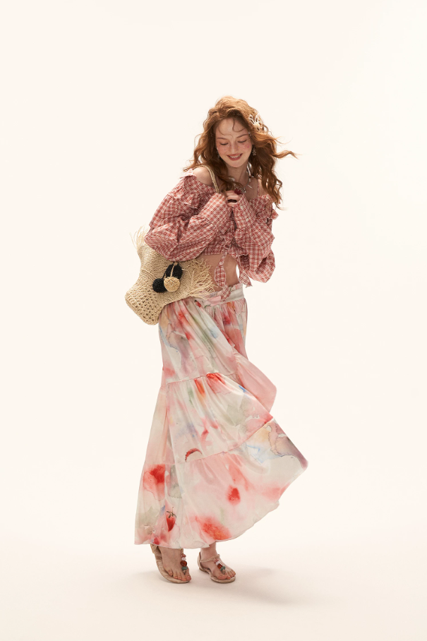 MAMC - "Watercolor Fruit Mood" Off-Shoulder Top & Ruffle Skirt Set WE945