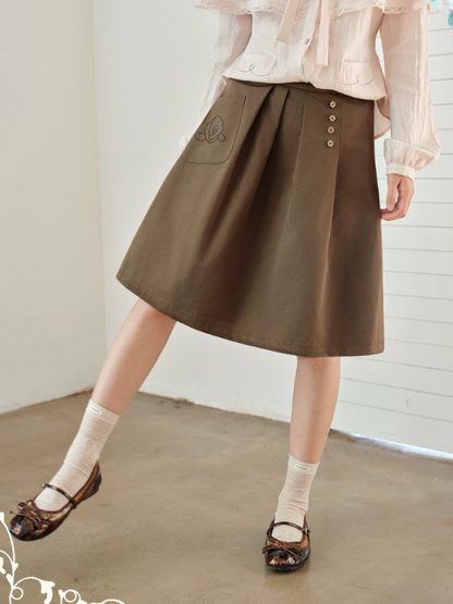 DAILY ARTIST - Coffee Brown Rose Embroidered Pleated A-Line Skirt