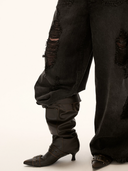 "Street Rebel Mood" Distressed Black Straight-Leg Jeans WE932