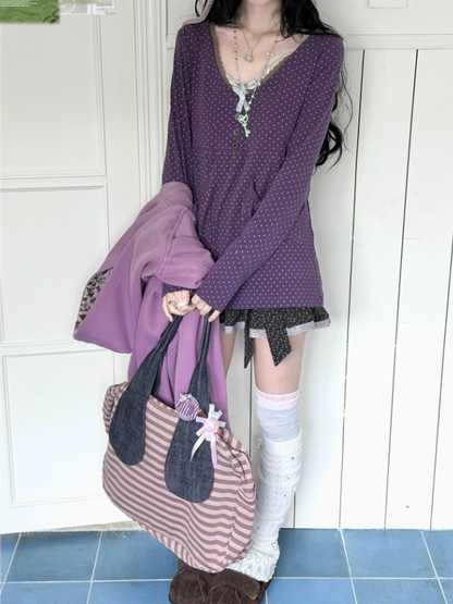 KYOUKO - Grape Purple Polka-Dot Top & Vintage Skirt Set