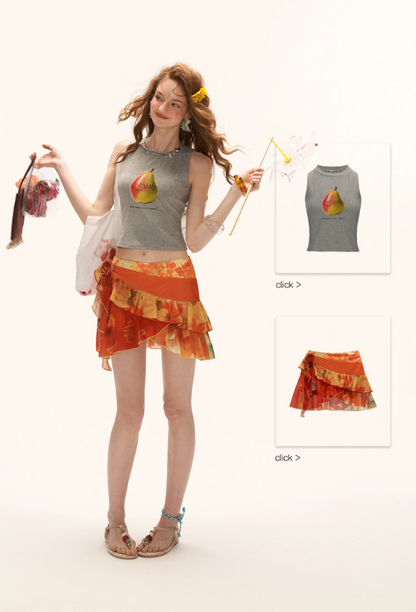 MAMC - "Sunset Orange Bloom" Asymmetric Layered Mini Skirt WE942
