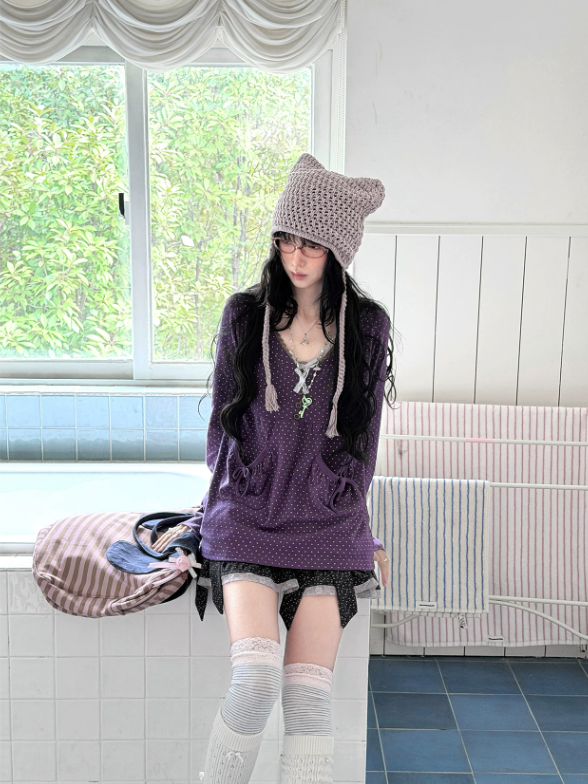 KYOUKO - Grape Purple Polka-Dot Top & Vintage Skirt Set