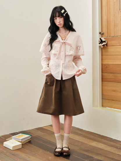 DAILY ARTIST - Coffee Brown Rose Embroidered Pleated A-Line Skirt