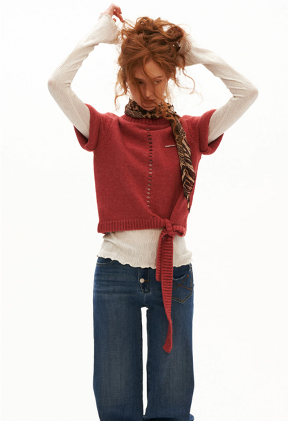 MAMC - Soft Wool-Blend Tie-Waist Cutout Knit Sweater (Red / Black)