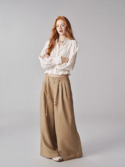 "月下听风" Textured Lantern Sleeve Blouse with Ruffle Hem