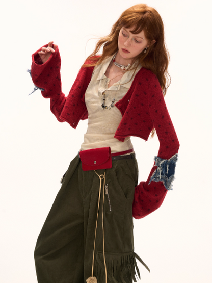MAMC - Star Patch Cropped Knit Cardigan (Wine Red)