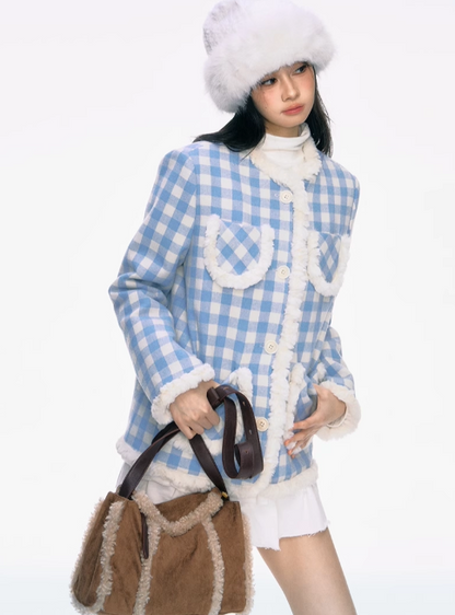 PCH - Chanel-Inspired Blue Tweed Wool-Blend Coat