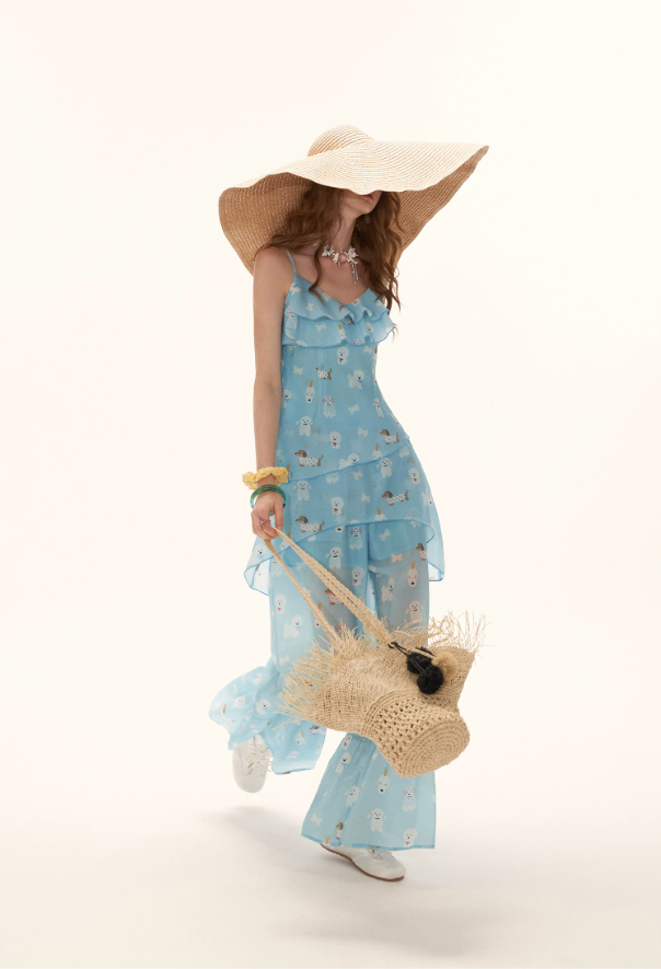 Sky Blue Puppy Print Ruffle Cami & Wide-Leg Pants Set WE969