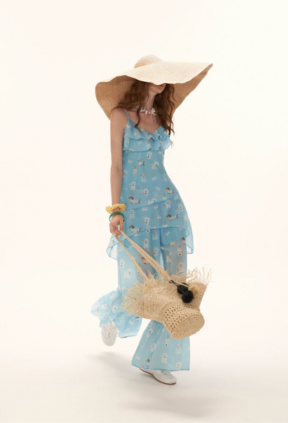 Sky Blue Puppy Print Ruffle Cami & Wide-Leg Pants Set WE969