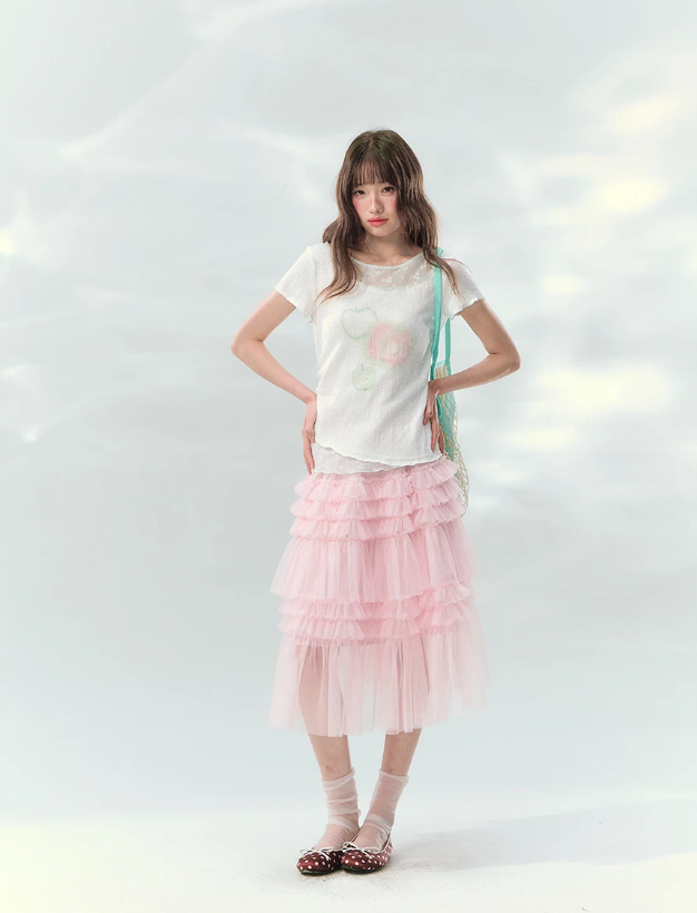 “Apple Mist Daydream” White Apple Print Ruched Tee