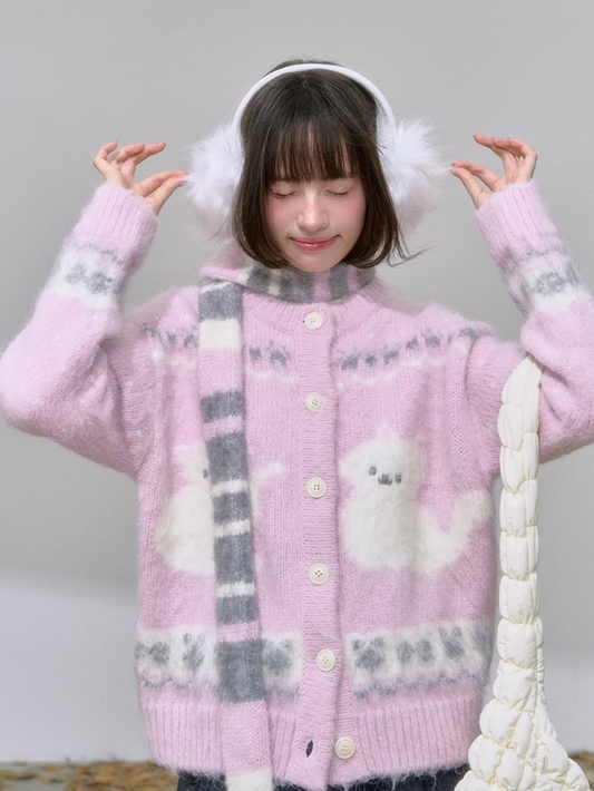 "樱粉喵语" Pink Cat Embroidered Cardigan (with coordinating scarf)