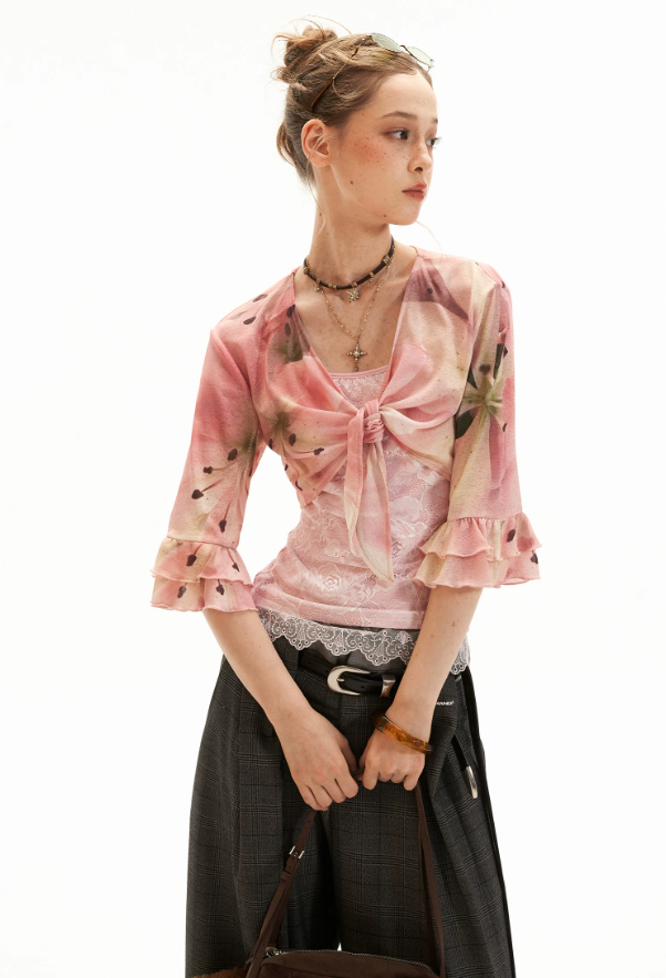 Floral Lace Trim Cami & Tie-Front Cardigan Set WE957