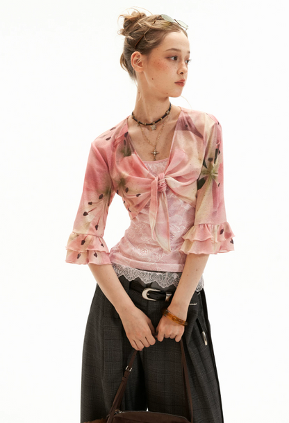 Floral Lace Trim Cami & Tie-Front Cardigan Set WE957