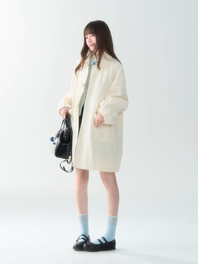 罐头士多所 - Minimal Beige Bow Detail Trench Coat – Puff Sleeve Fall Outerwear