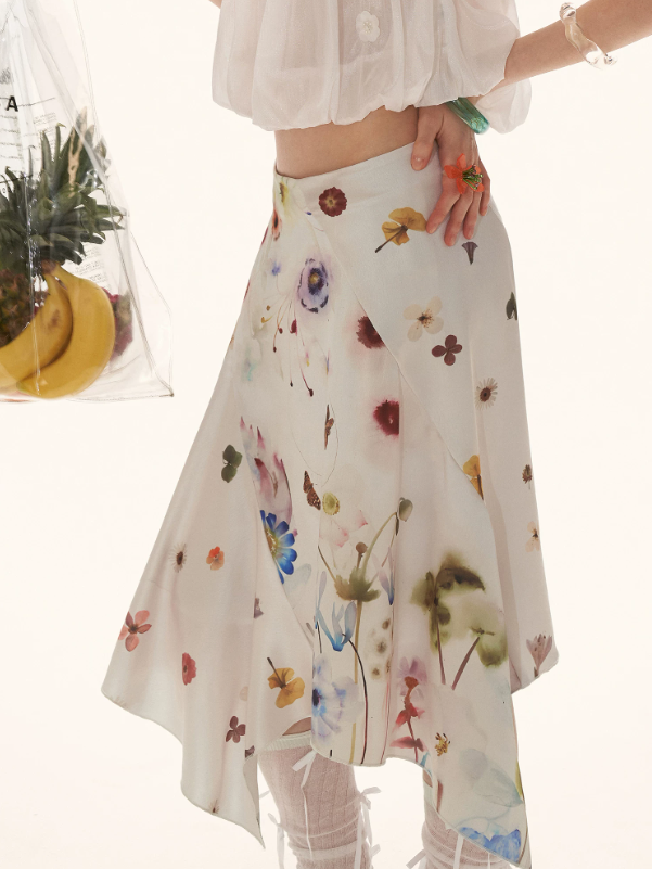 "Poetic Bloom Flow" Asymmetric Satin Panel Midi Skirt WE926