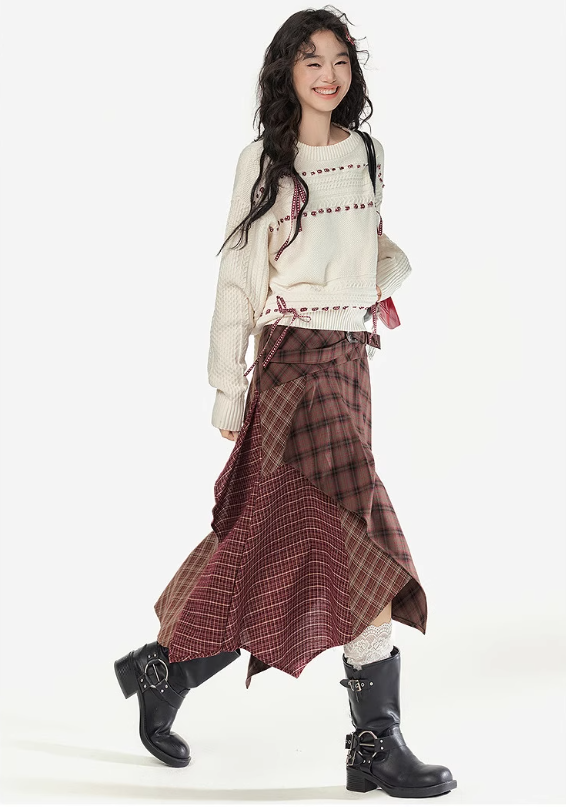 EPTISON - Plaid Irregular Patchwork Midi Skirt