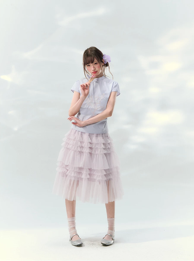 “Taro Peach Layers” Dusty Lilac Tiered Tulle Midi Skirt