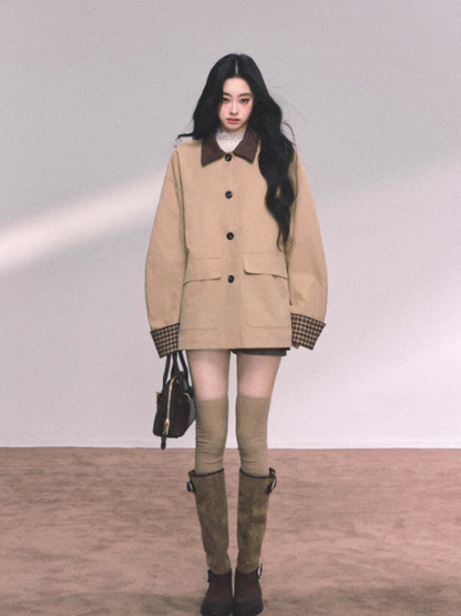"日暮巴塞尔" British Preppy Polo-Collar Trench Jacket