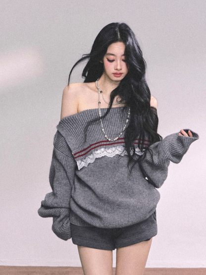 少也眼 Korean Slouchy Lace-Trim Asymmetrical Shoulder Sweater