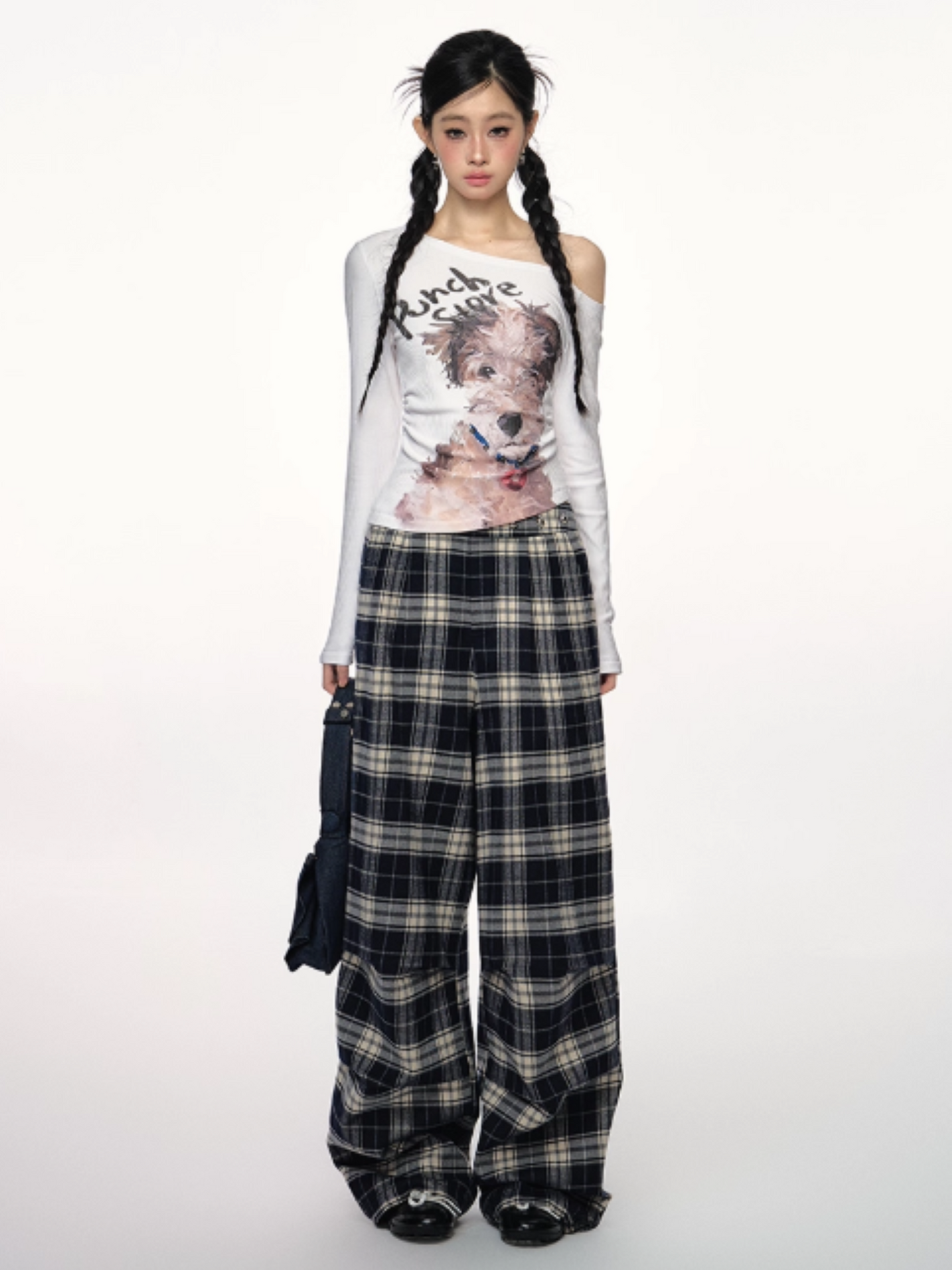 PCH - Asymmetrical Studded Off-Shoulder Top with Dog Print