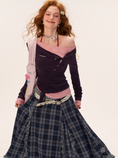 MAMC - Y2K Preppy Lace Trim Ruched Long Sleeve Top (Violet)