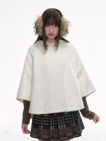 '漫游者' White Wool-Blend Hooded Cape Coat