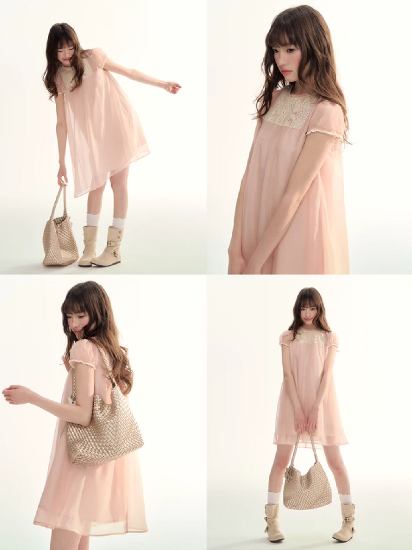 Sheer Lace Trim Puff Sleeve Babydoll Dress LL2026103