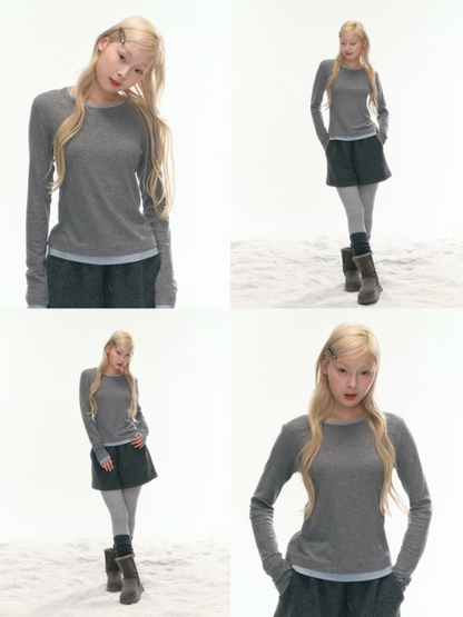 "Cream Cloud" Gray - Blue Colorblock Wool Knit Top LL2025471