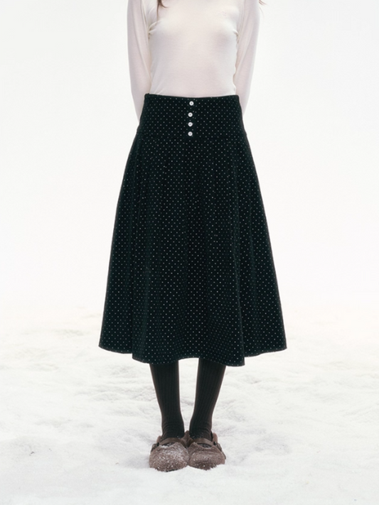 "Polka Waltz" Corduroy Pleated Skirt – Black/White Dot SJ2025333