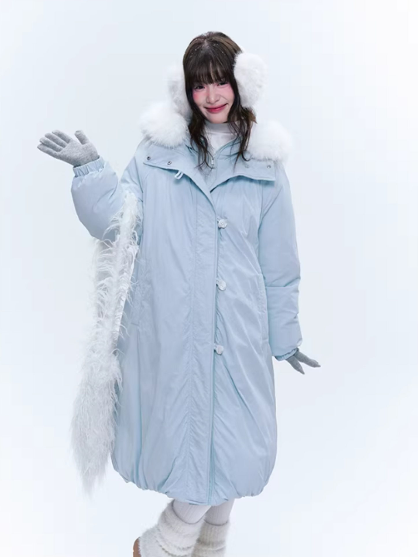 CREAMO2奶油氧气 - Milk Mist Blue Faux-Layered Mid-Length Down Puffer Coat
