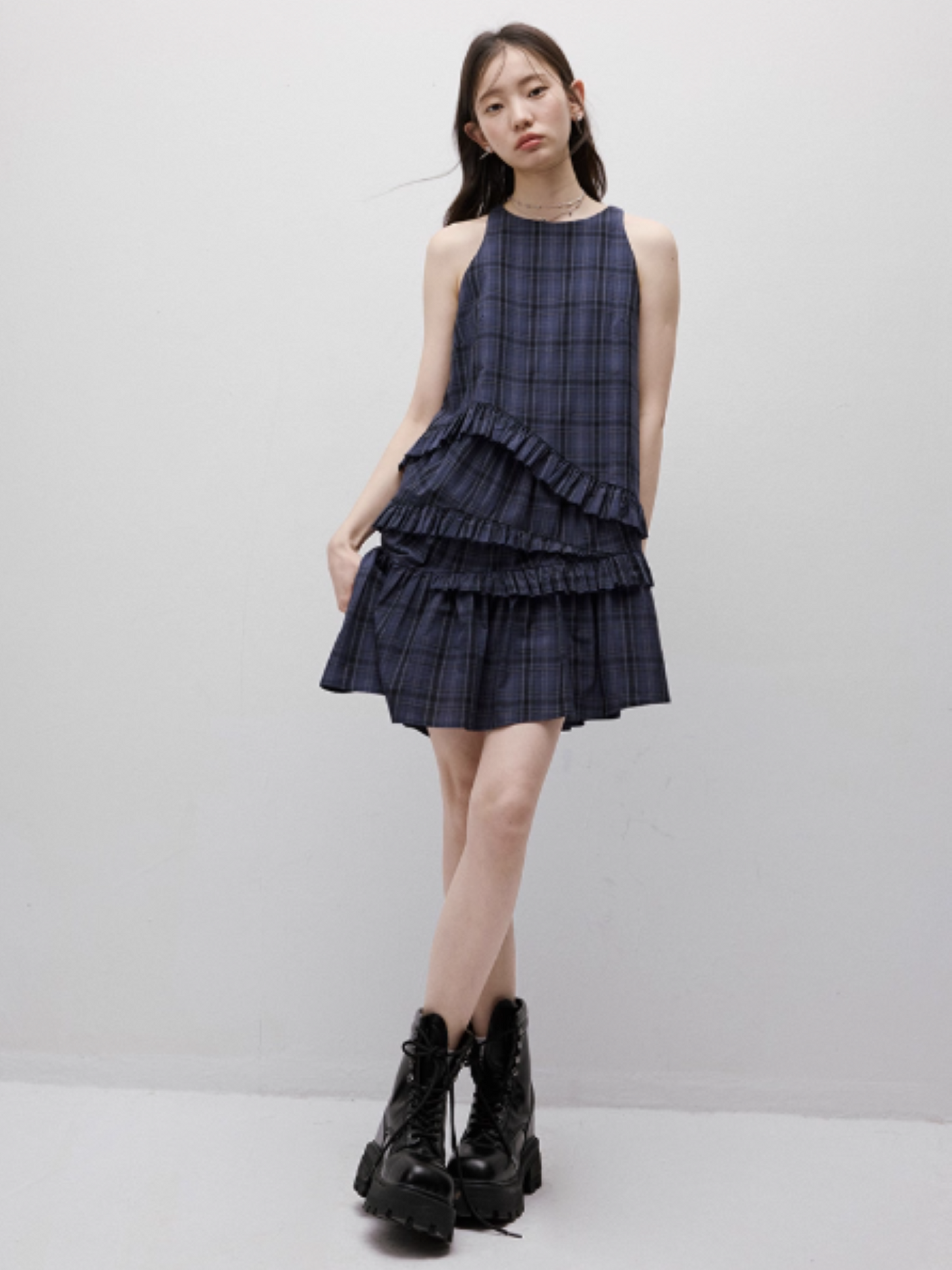 FUSSED Asymmetric Ruffle Plaid Dress – Midnight Blue FOF-25SS026