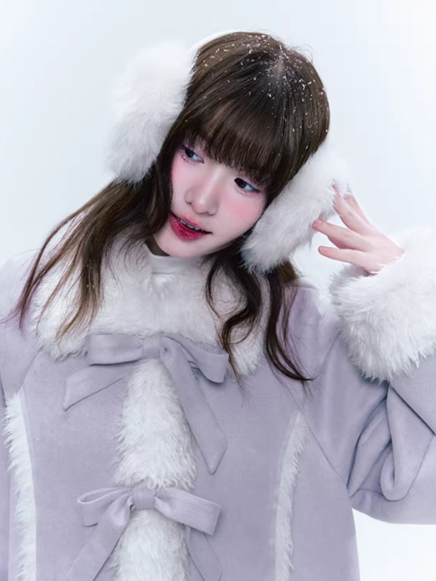 CREAMO2奶油氧气 - Taro Gray-Purple Bow-Tie Faux Suede & Teddy Midi Coat