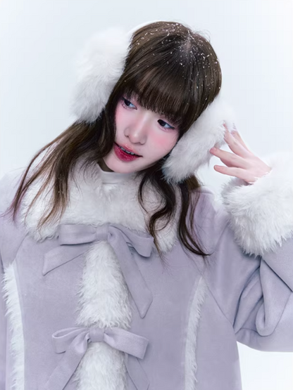 CREAMO2奶油氧气 - Taro Gray-Purple Bow-Tie Faux Suede & Teddy Midi Coat