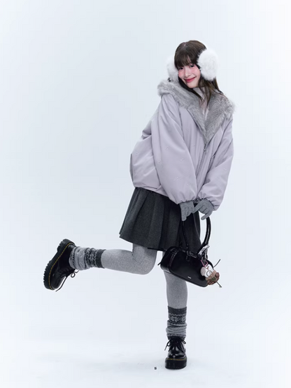 CREAMO2奶油氧气 - Soft Lilac Bow-Embroidered Eco Fur Puffer Jacket