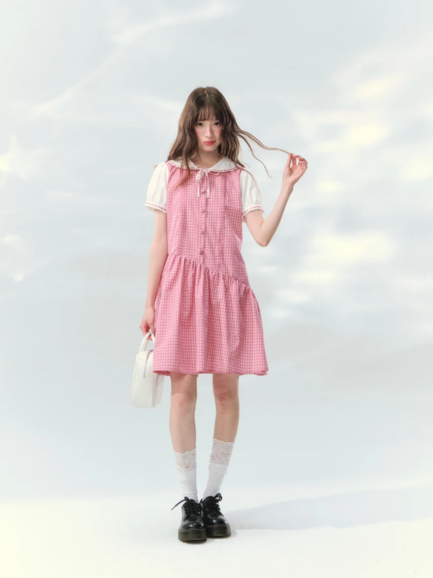“Peach Plaid Academy” Pink Plaid Peter Pan Dress LL2026152