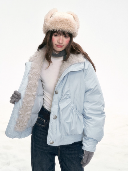 "Soft Mist Cove" Contrast Collar Down Jacket – Sky Blue & Light Gray LL2025308
