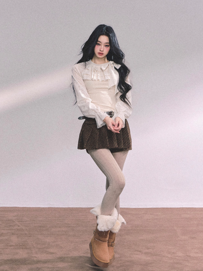 少也眼 Moon-lit Ruffle Lace Knit Layered Long Sleeve Top