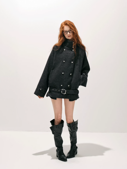"柔廓定理" Wool-Blend Structured Military Coat with Stand Collar