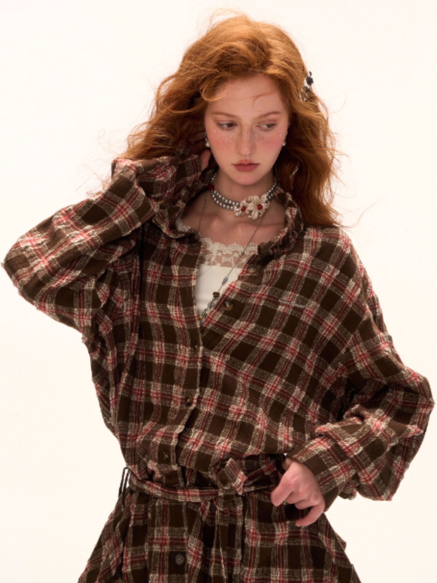 MAMC - Brown Bow Plaid Shirt Dress